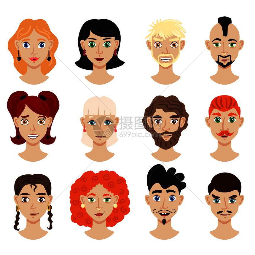 同头发颜色发型的男女人物的肖像的卡通矢量插图图片