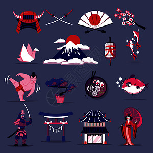 相扑日本旅游卡通系列元素的民族美食文化传统地标平矢量插图插画