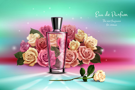 香水玫瑰现实的构图与玫瑰花香水瓶广告新的香味为女矢量插图插画