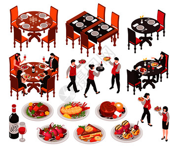 等距餐厅桌子与椅子,盘子,饮料露的人的角色服务员矢量插图图片