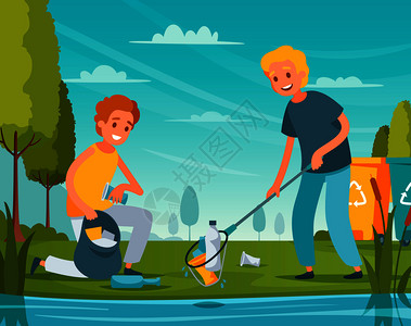自然清理平成与志愿者捡垃圾瓶塑料包装垃圾附近的池塘矢量插图背景图片