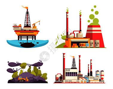 离岸工业2x2理念集石油海上平台炼油厂电站污染隔离矢量图插画