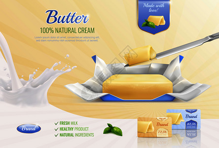 乳制品黄油写实构图广告品牌的模型,以文字鲜奶健康产品天然成分矢量插图黄油逼真的广告构图背景图片