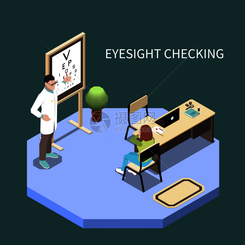 病人检查视力眼科等距成三维矢量插图图片