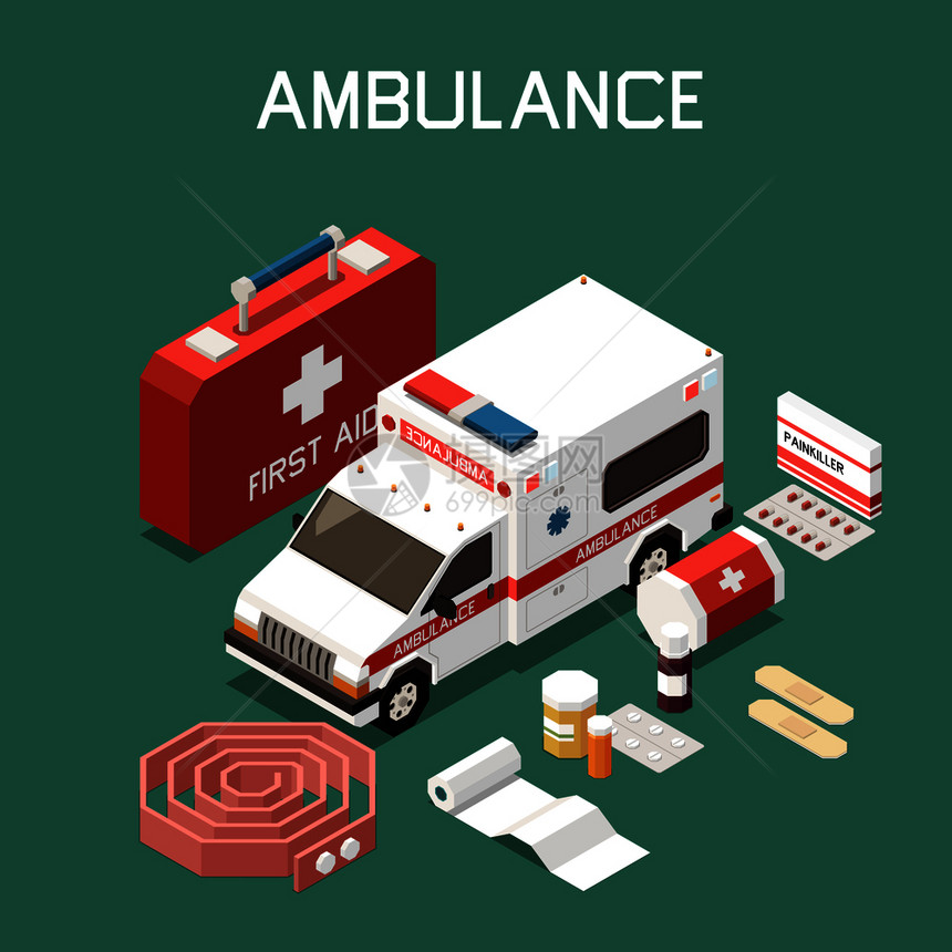 救护车急救包与石膏绷带药物三维等距矢量插图图片