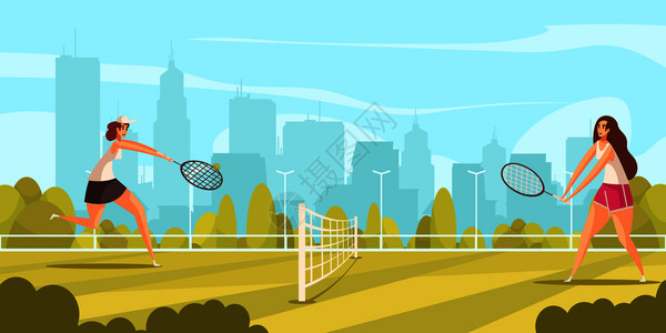 城市素材网夏季运动网球作文与人类人物的女事游戏与城市景观背景矢量插图插画