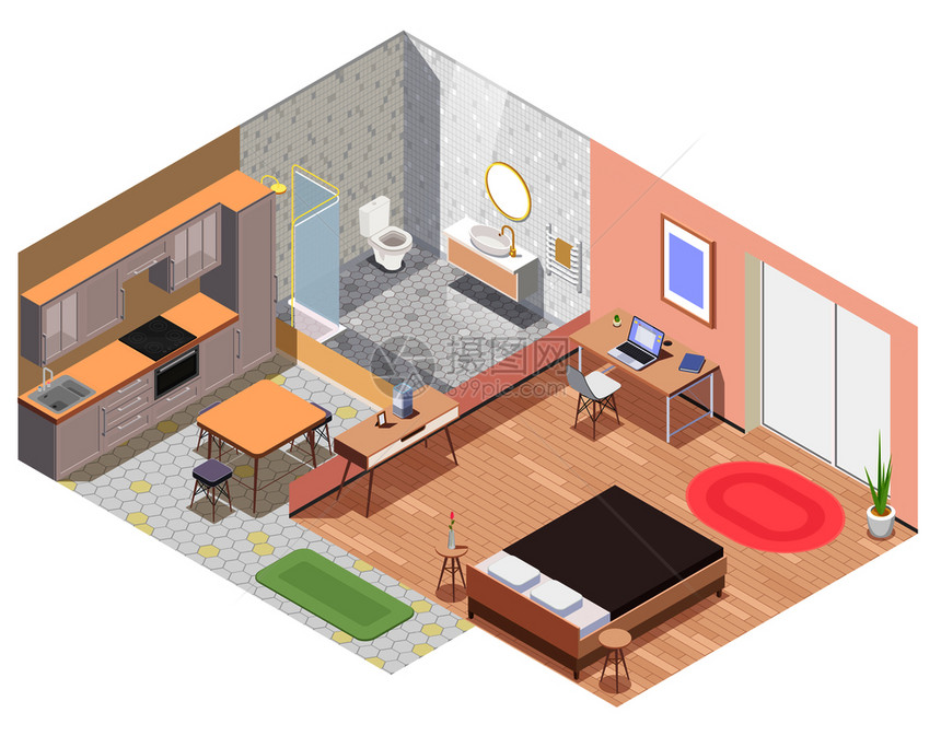 室内家具等距彩色成,公寓布局与厨房浴室客厅配备家具矢量插图图片