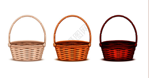 五颜六色的柳条篮子,白色的自然深色的木材3现实图像矢量插图图片