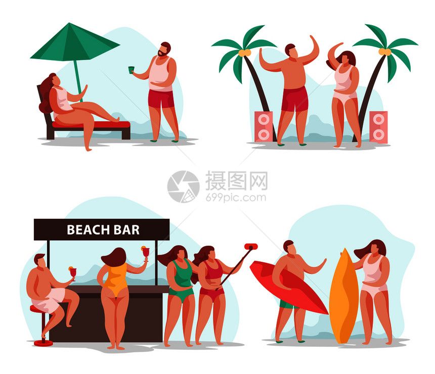 夏季派平4x1套构图与人类格的休息人休闲活动矢量插图图片