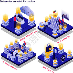 数据中心4等距成与云计算服务数据分析保护孤立向量插图背景图片