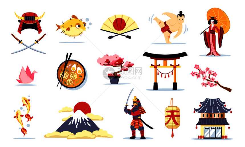 日本符号卡通套日出寿司,三村妇女服与伞孤立矢量插图图片