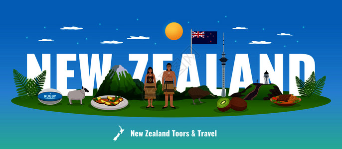 新西兰风景新西兰水平构图,大文本背后的动植物元素与当地人矢量插图插画