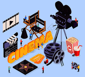 等距电影构图与文本电影制作工具,导演椅子,卷轴相机与人矢量插图背景图片