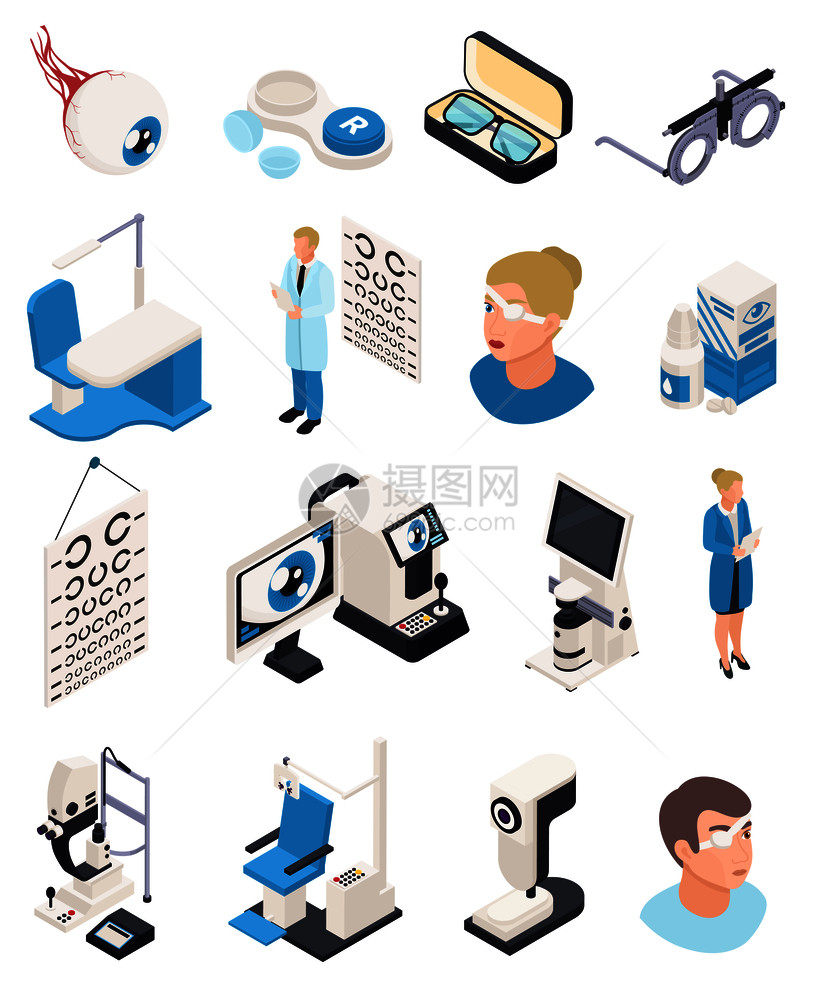 眼科等距图标与人的头部视力检查医疗器械矢量插图的孤立图像图片