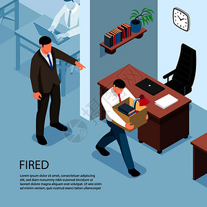 商务纹理解雇等距背景与老板开除工作解雇员工办公室内部矢量插图插画