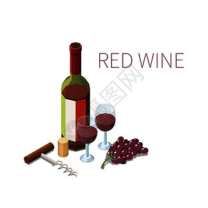 葡萄酒瓶塞等距成分与瓶两杯红鞭葡萄瓶塞白色背景三维矢量插图插画