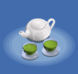 新血茶白色陶瓷茶壶两杯新冲泡的绿茶等距成蓝色背景矢量插图插画