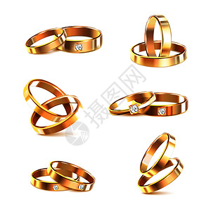 六匹金色优雅的结婚戒指装饰与钻石锆石隔离白色背景现实矢量插图图片