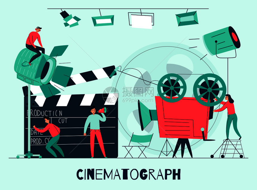 电影构图与电影工作室拍摄队工作平矢量插图图片