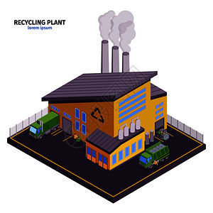 隔离等距垃圾插图与回收工厂标题现代建筑矢量插图图片