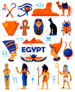 埃及彩色套涂鸦人物与神崇拜者古代衣服,古董象形文字矢量插图图片