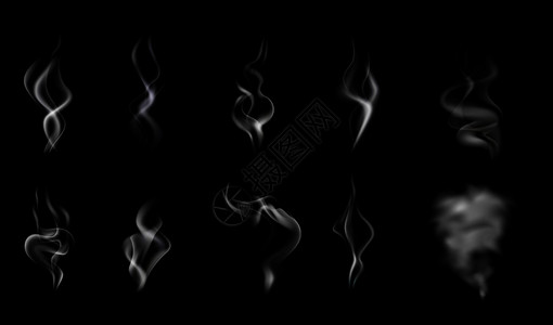 漂浮白色烟雾孤立现实的蒸汽烟雾图标白色半透明的黑色背景矢量插图插画