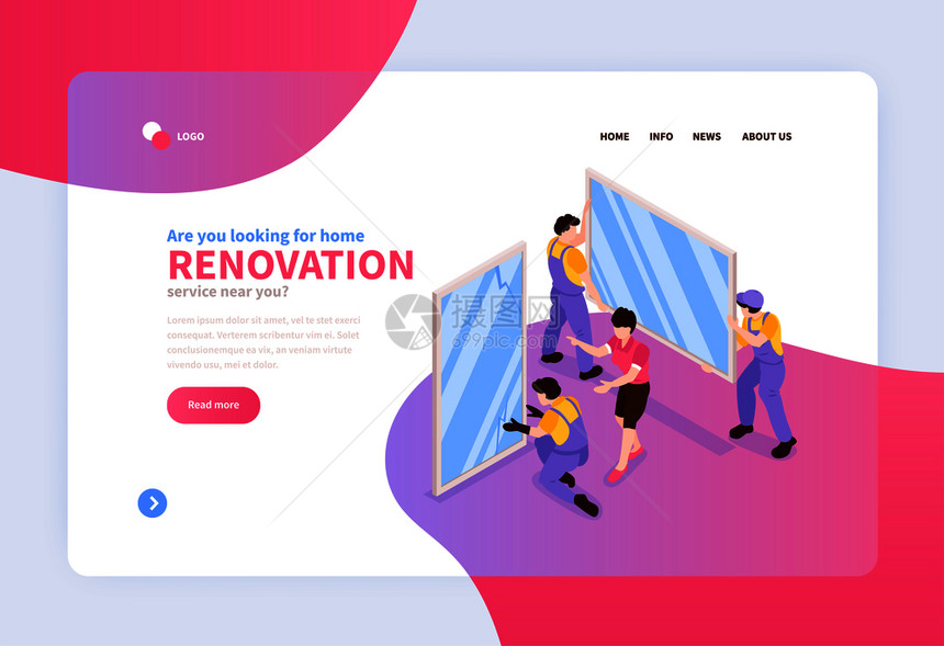 家庭装修改造服务线等距网页横幅与专业窗框更换安装矢量插图图片