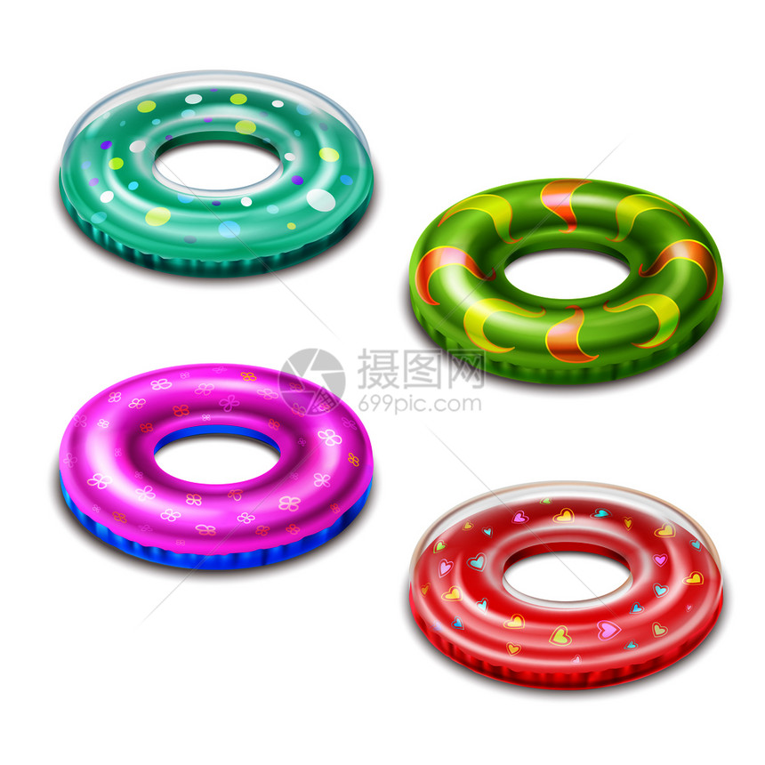 四个彩色充气游泳配件的形式,救生圈隔离白色背景现实矢量插图图片