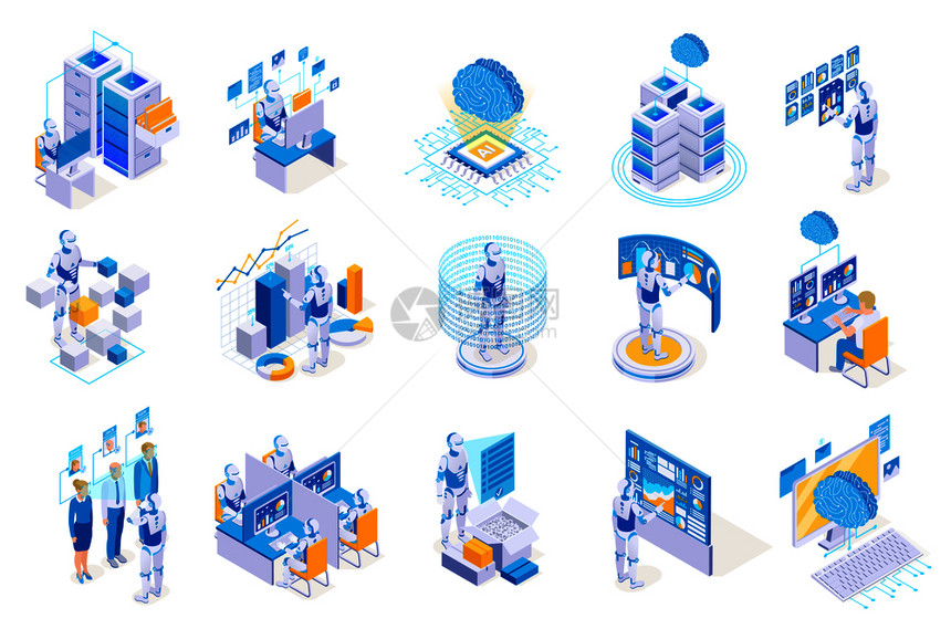 机器人过程自动化等距图标收集与图像机器人工作与未来的计算机界矢量插图图片