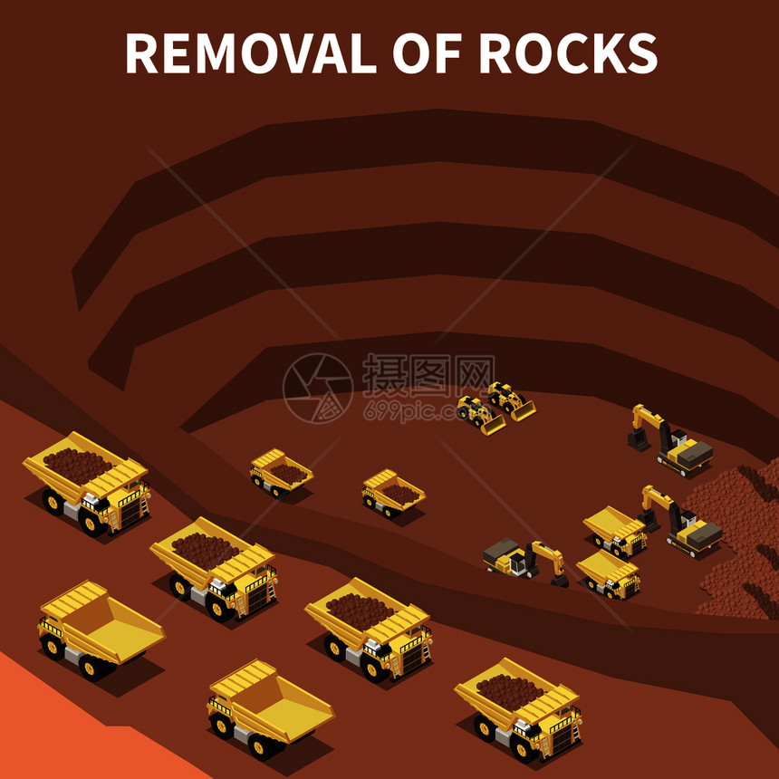 采矿机械卡车挖掘机大采石场移除岩石的三维等距矢量图图片