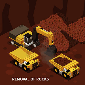 采矿机械等距背景与挖掘机两辆自卸车采石场三维矢量插图中移除岩石背景图片