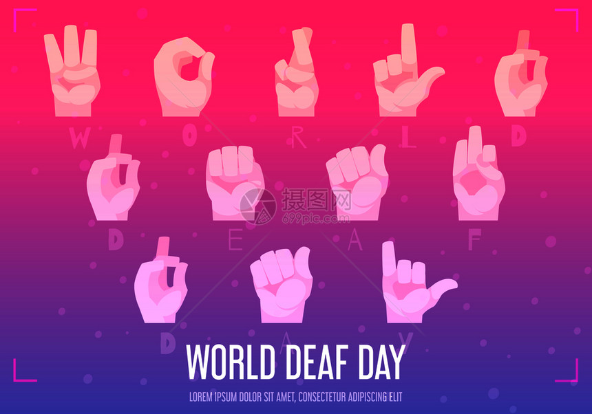世界聋人日海报与手动字母符号平矢量插图图片