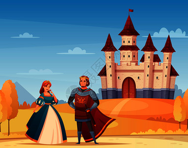 中世纪人物卡通背景与城堡国王皇后矢量插图高清图片