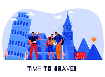 旅游城市成与时间旅游标题三名游客的度假矢量插图图片
