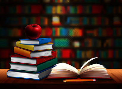 回学校背景与书籍,铅笔苹果桌子上的图书馆现实矢量插图背景图片