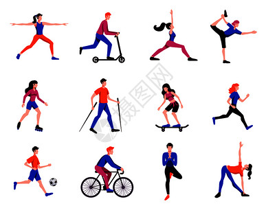 体育活动平人物图标与健身瑜伽练自行车运动员足球运动员滑板孤立矢量插图图片
