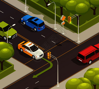 驾驶学校等距构图与室外风景的城市道路交叉口与训练车箭头矢量插图图片