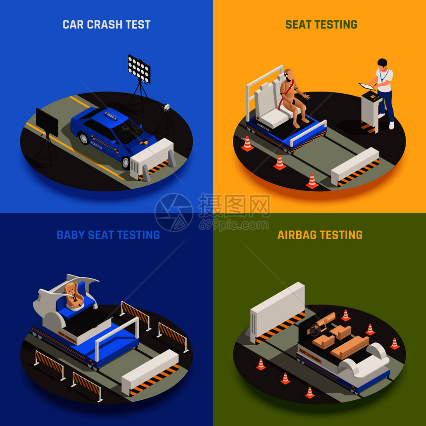 碰撞测试汽车安全等距2x2与文本图像代表同的测试程序矢量插图图片