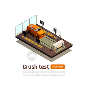碰撞测试汽车安全等距成与汽车图像上的测试夹具与可编辑文本矢量插图背景图片