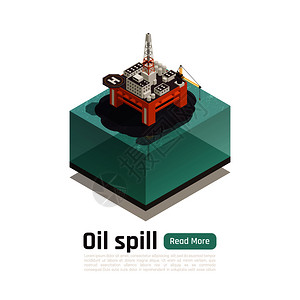 海工平台海洋污染等距成与可编辑的文本图像的海洋平台溢出石油水矢量插图插画