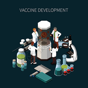 研究与开发疫苗开发与实验室设备的科学实验显微镜安瓿与疫苗医疗注射器等距图标矢量插图插画