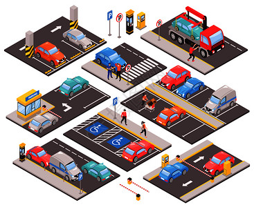 停车服务隔离等距汽车停车图像的路平台,停放汽车,街道标志人的矢量插图插画