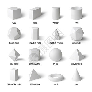 基本的三维形状,真实的白色圆柱体,圆锥立方体,管四体,孤立白色背景矢量插图上背景图片