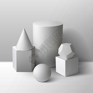 基本立体测量形状单色成,包括立方体圆柱球棱镜锥十体三维矢量插图图片