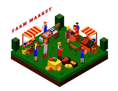 农场当地市场等距成与文字广场平台与人民食品帐篷矢量插图图片