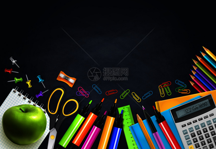 回学校现实背景与标记笔记本,计算器,苹果尺,粉笔板矢量插图图片