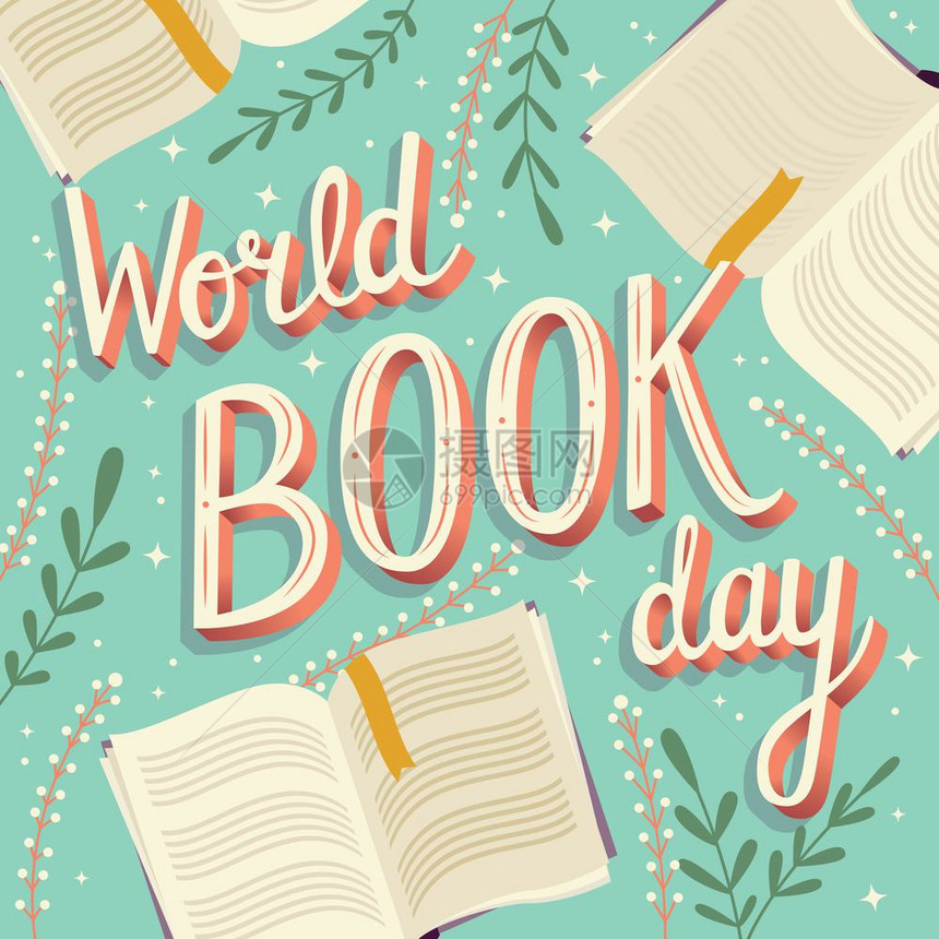 世界图书日,手工刻字排版现代海报与开放书籍,矢量插图图片