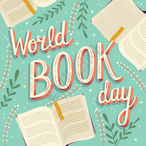 世界图书日,手工刻字排版现代海报与开放书籍,矢量插图图片