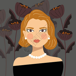 个优雅的金发女孩的肖像与珍珠,黑色的衣服耳环,灰色背景与花,平矢量插图图片