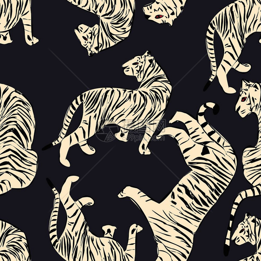 手绘老虎无缝图案,大猫同的位置,白色老虎黑暗的异国背景,平矢量插图图片